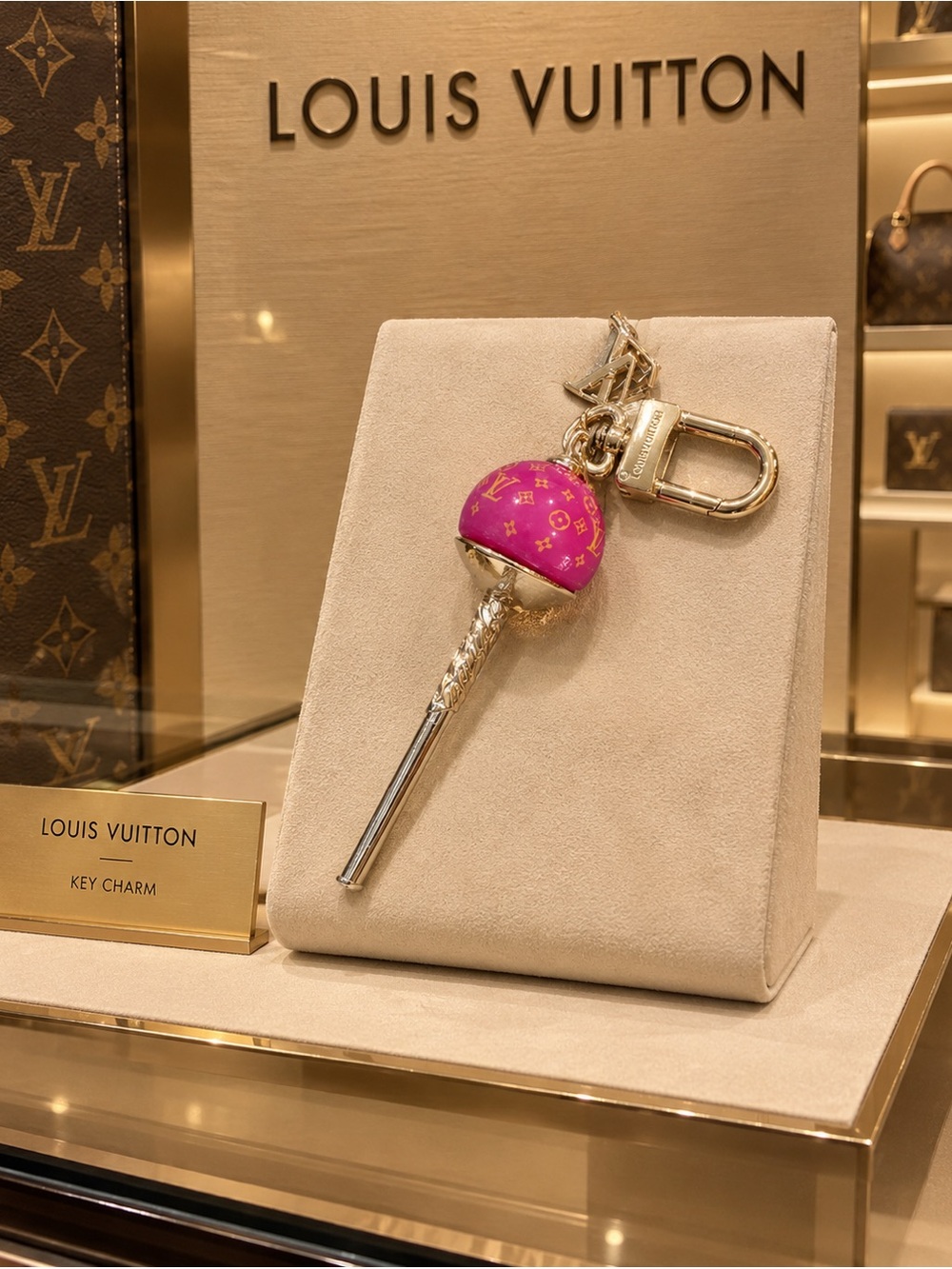 Pink and Gold Heart Key Charm with LV Monogram